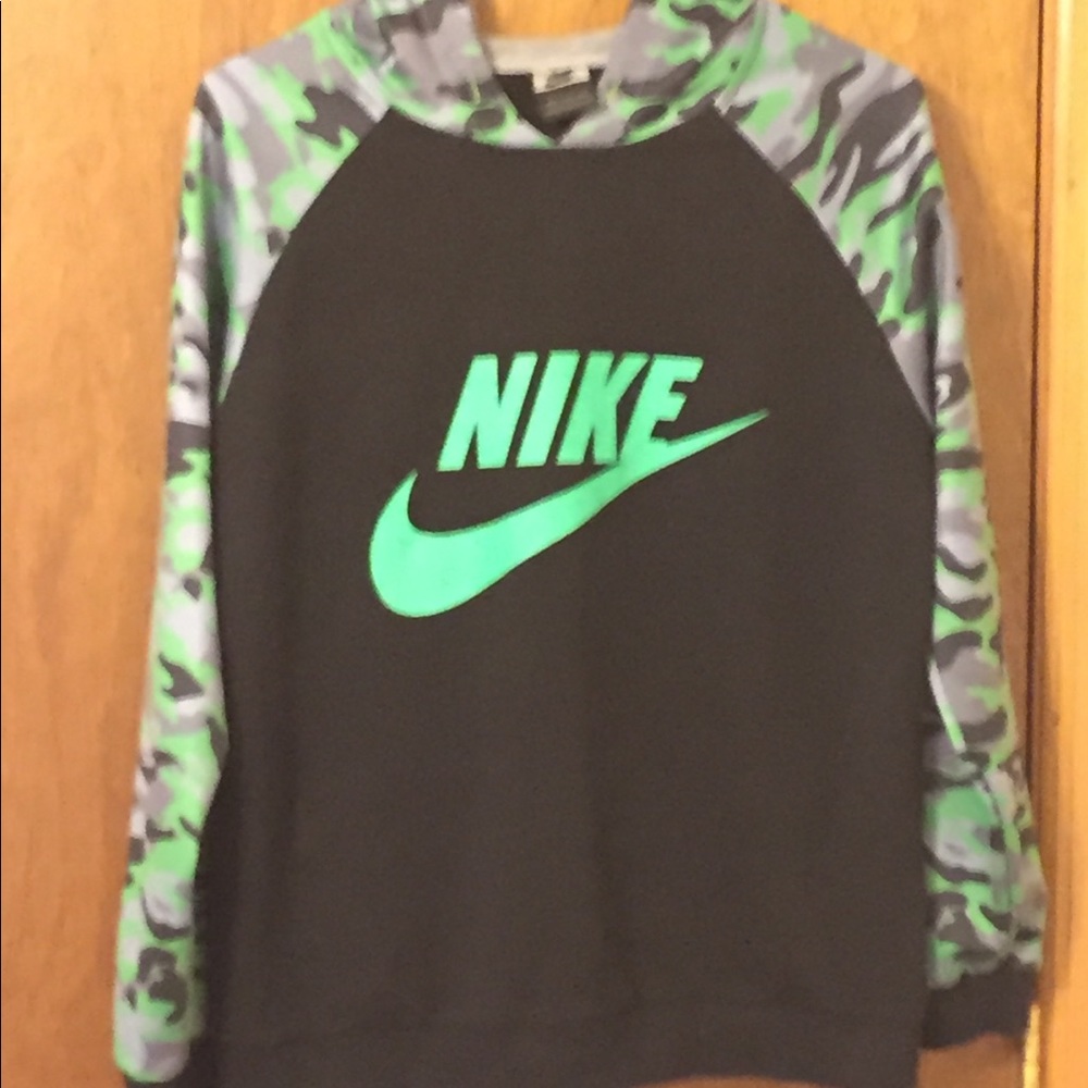 Boys green n white army print on black hoodie.